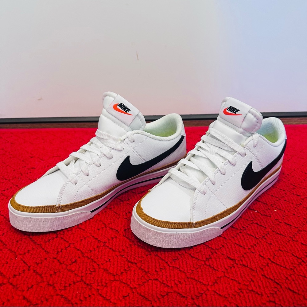 Nike White synthetic-leather Sneakers with Black Swoosh and Gold Accents